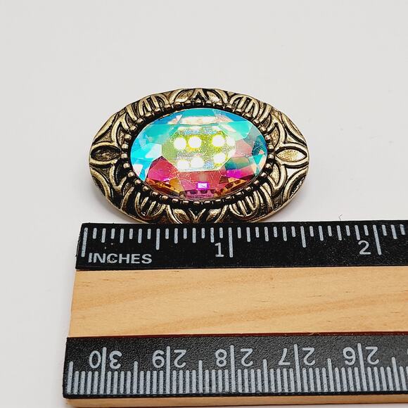 Rainbow Faceted Glass Oval Brooch Gold Tone Frame Vintage Crystal Pin 1.6" - Picture 7 of 8